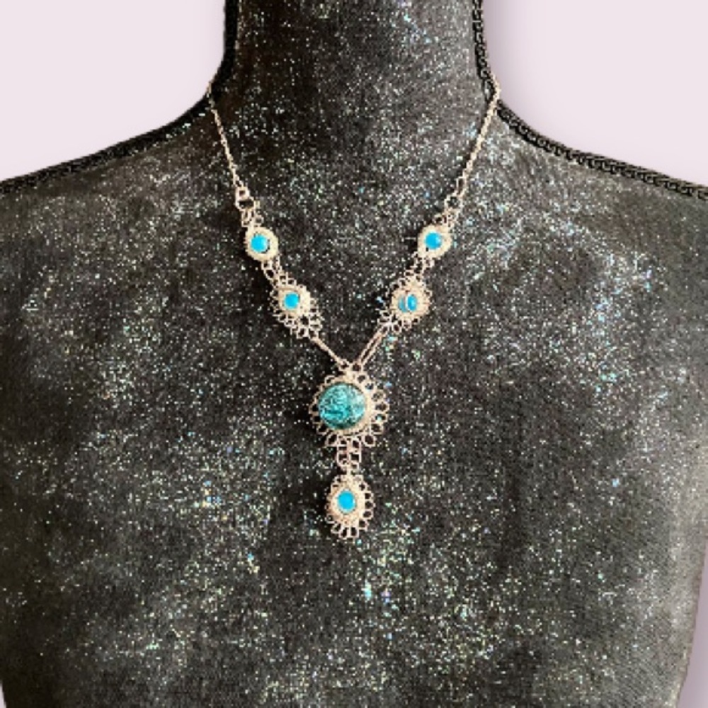 Vintage Victorian Cannetille Silver Wire Necklace with Blue Glass Stones